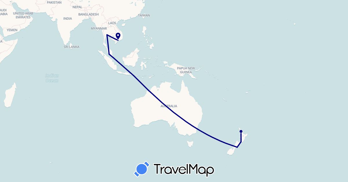 TravelMap itinerary: driving in Indonesia, Cambodia, Malaysia, New Zealand, Singapore, Thailand, Vietnam (Asia, Oceania)